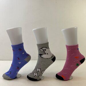 Womens Ankle Socks Set 3 Cherry Heart Dots Dog Print Pink Gray Blue Black White